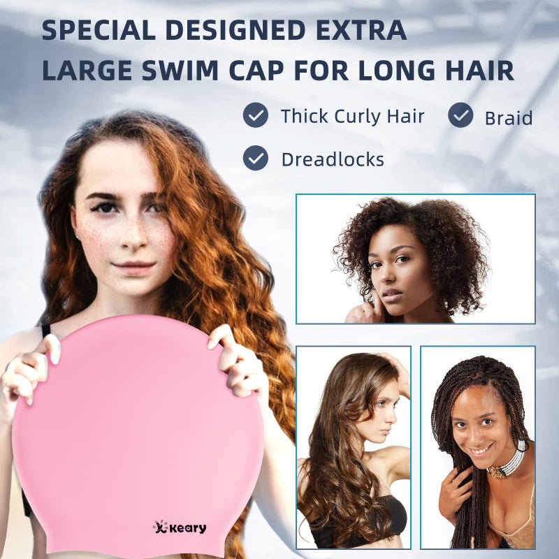 Keary Extra Large Swim Cap for Braids and Dreadlocks Afro Hair Extensions Weave Long Hair  Waterproof Silicone Cover Ear Bath Pool Shower Swimming Cap for Women Men Youth Kids Girl   Pink  One size - Image 3